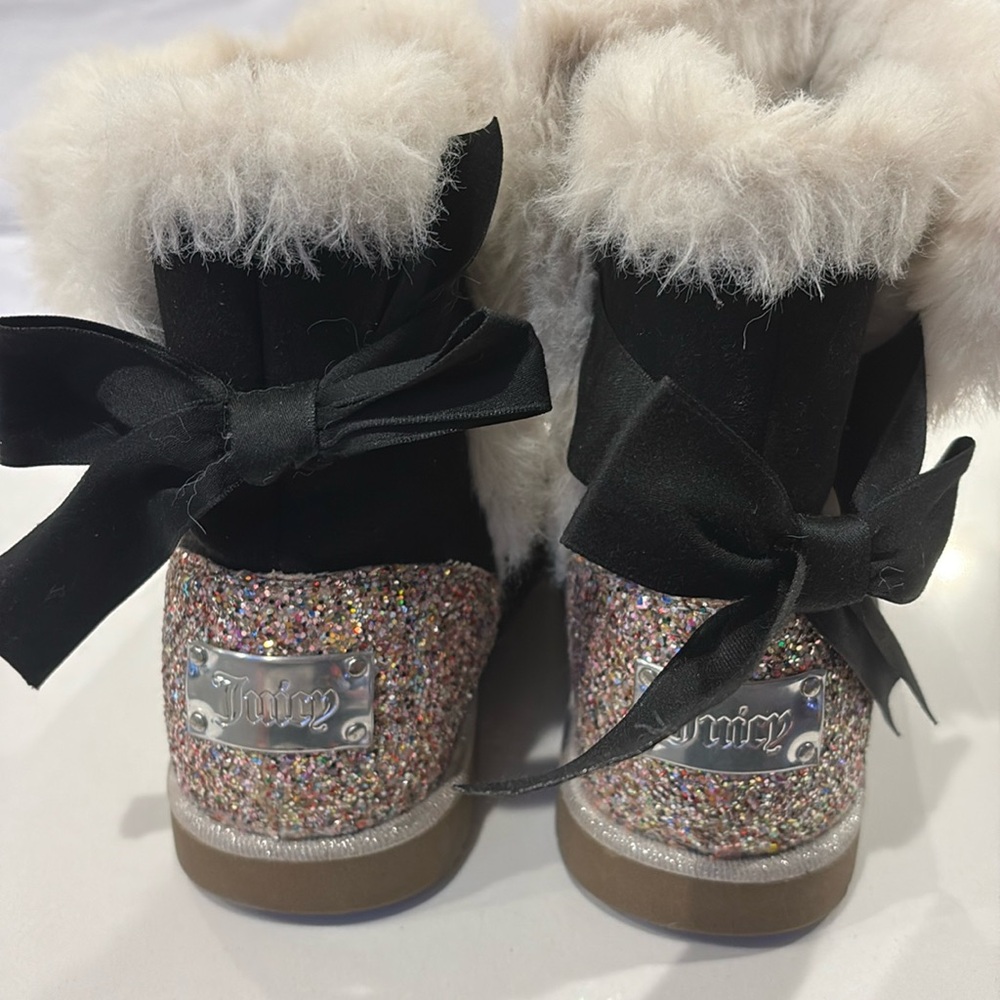 Juicy couture black boots withy bow faux fur sparkle  pink glitter size 2 kids